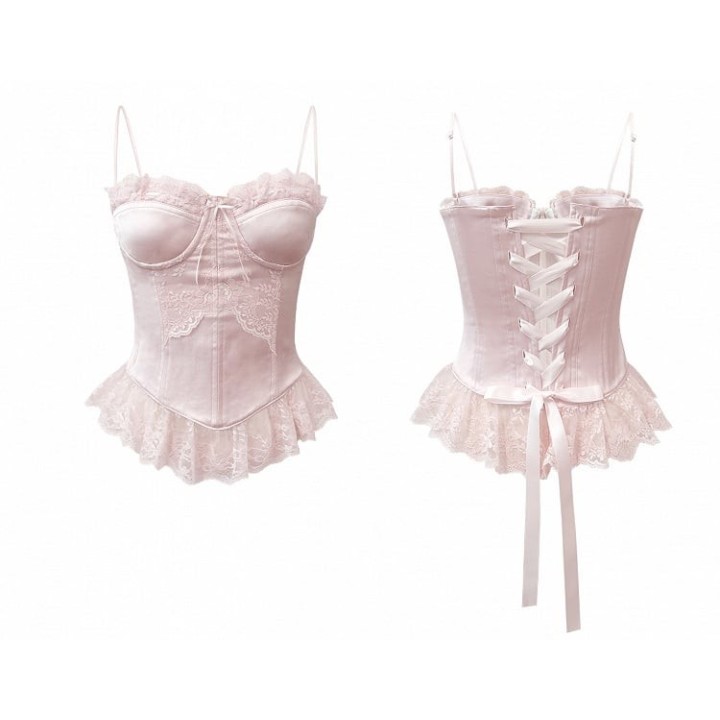 Corset baleiné rose à fines bretelles