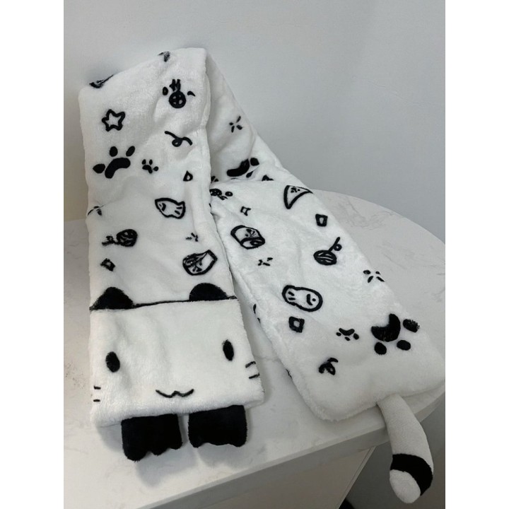 Écharpe blanche et noire à motif chat
