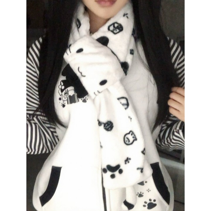 Écharpe blanche et noire à motif chat
