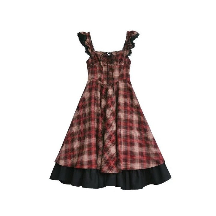 Robe lolita tartan rouge à taille basque