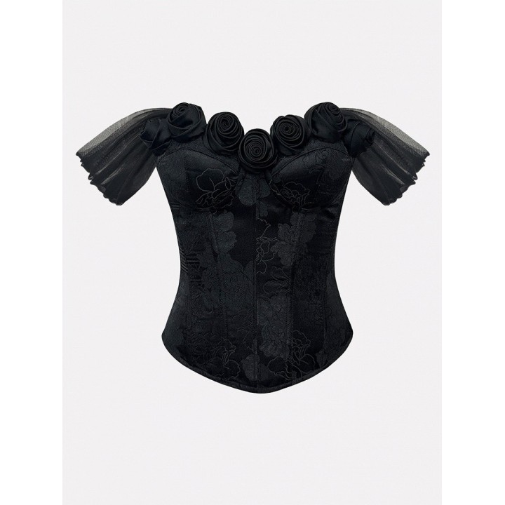 Corset baleiné noir épaules dénudées orné de roses noires