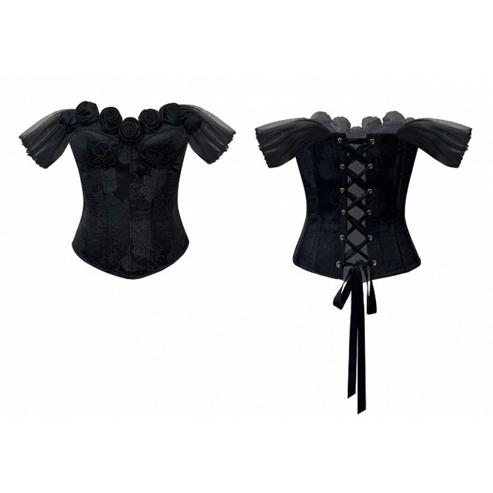 Corset baleiné noir épaules dénudées orné de roses noires
