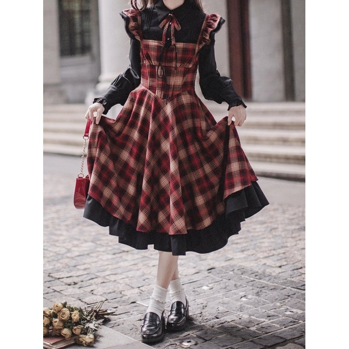 Robe lolita tartan rouge à taille basque