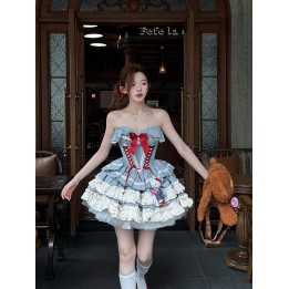 Ensemble corset bleu à laçage, jupe bouffante et boléro
