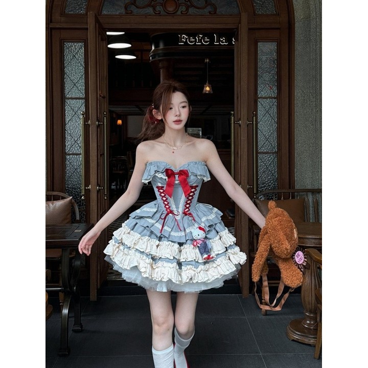 Ensemble corset bleu à laçage, jupe bouffante et boléro
