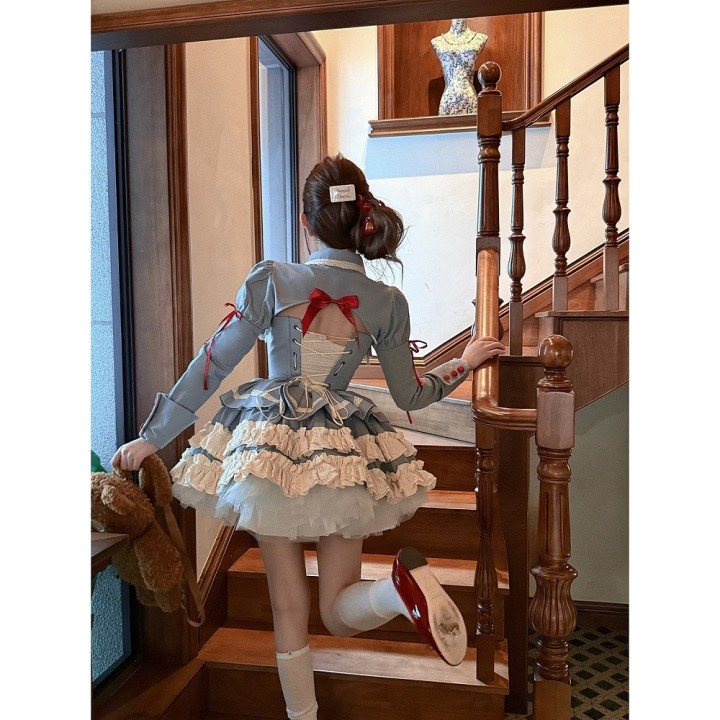 Ensemble corset bleu à laçage, jupe bouffante et boléro