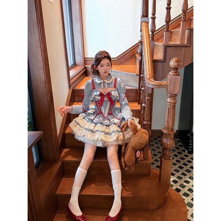 Ensemble corset bleu à laçage, jupe bouffante et boléro