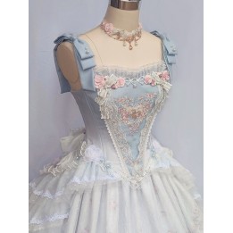 Corset hime lolita bleu brodé de rosettes, perles et fleurs