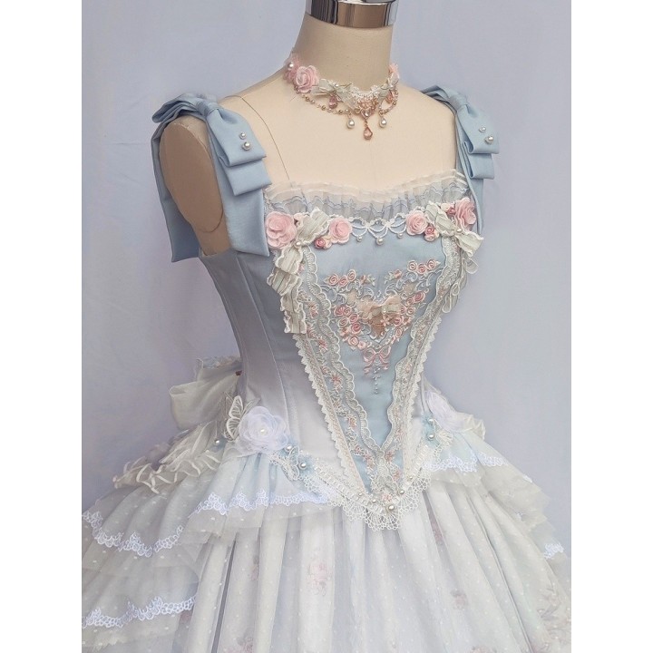 Corset hime lolita bleu brodé de rosettes, perles et fleurs