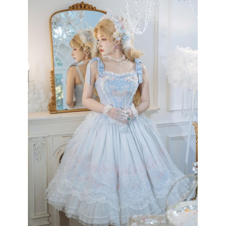 Corset hime lolita bleu brodé de rosettes, perles et fleurs