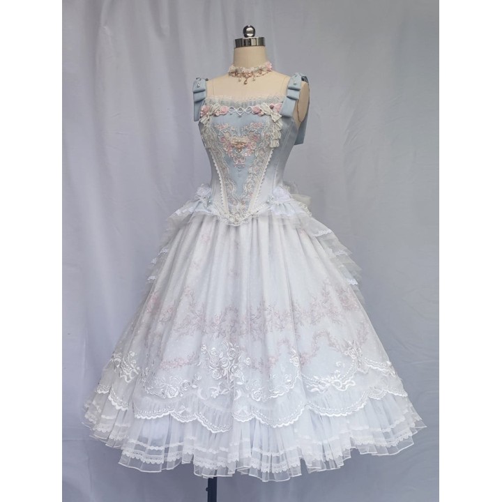 Corset hime lolita bleu brodé de rosettes, perles et fleurs