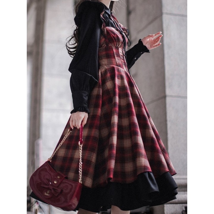 Robe lolita tartan rouge à taille basque
