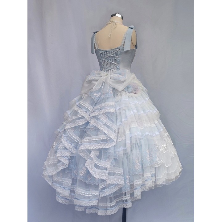 Corset hime lolita bleu brodé de rosettes, perles et fleurs