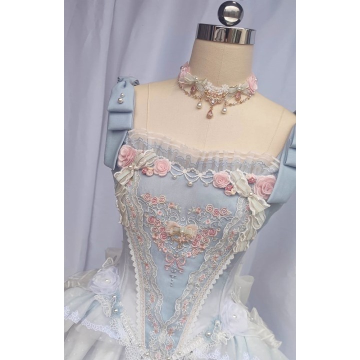 Corset hime lolita bleu brodé de rosettes, perles et fleurs