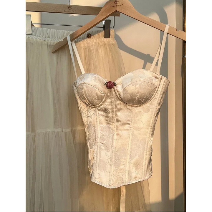 Corset baleiné à motif roses, bretelles amovibles