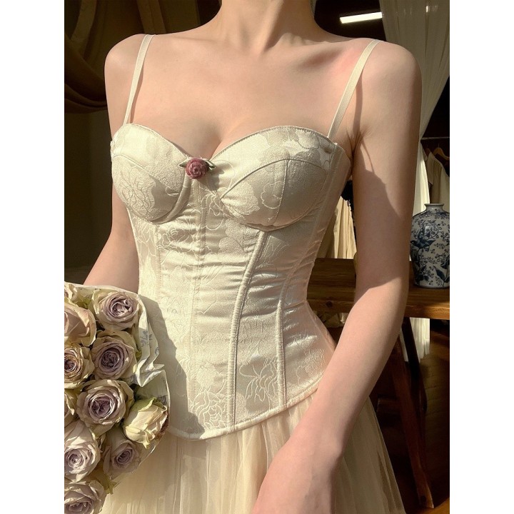 Corset baleiné à motif roses, bretelles amovibles