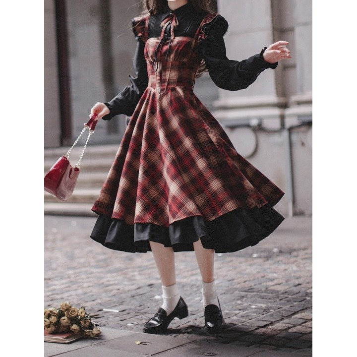 Robe lolita tartan rouge à taille basque