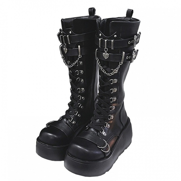 Bottes plateformes noir mat à lacets et sangles à boucles