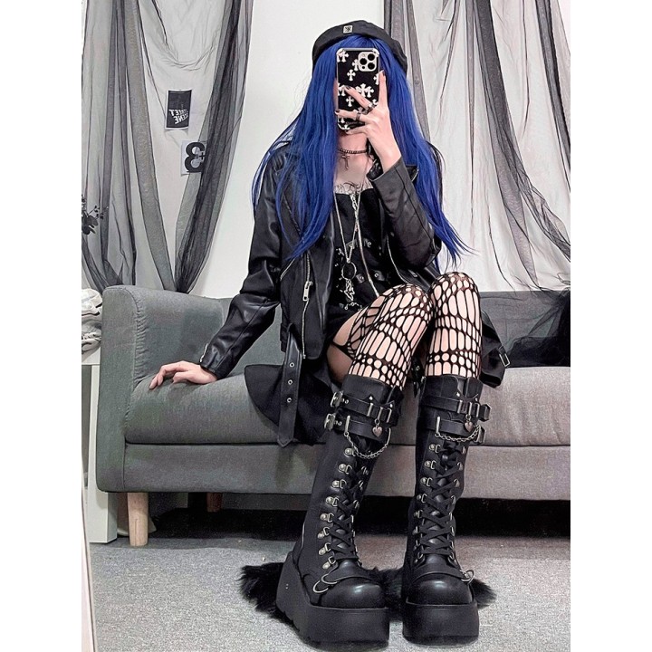 Bottes plateformes noir mat à lacets et sangles à boucles