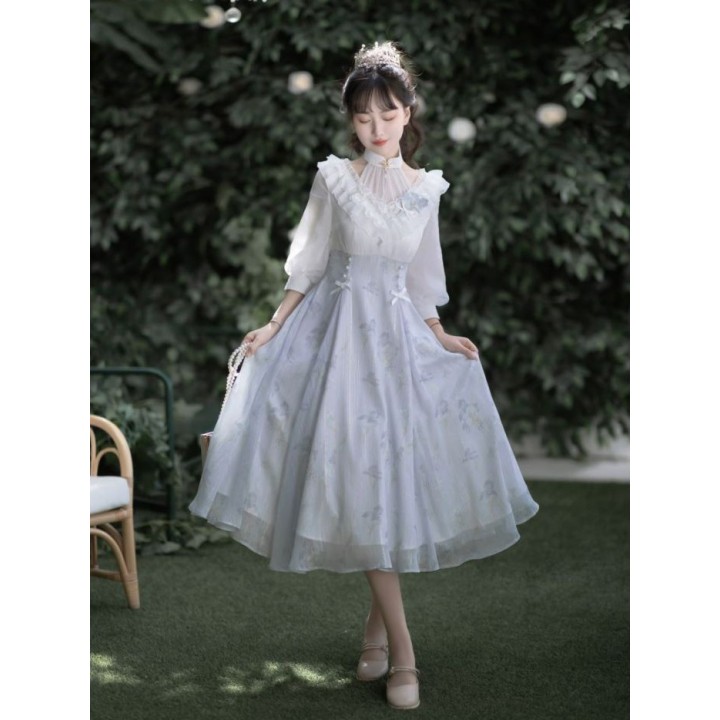 Robe one piece lolita imprimé iris blanc et violet, col licou