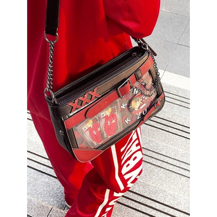 Sac ita noir et rouge à croix et chaîne décorative