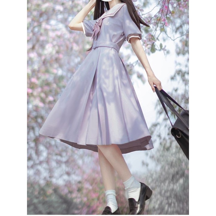 Robe uniforme JK lilas brodée à col marin, avec ceinture