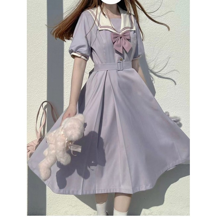 Robe uniforme JK lilas brodée à col marin, avec ceinture
