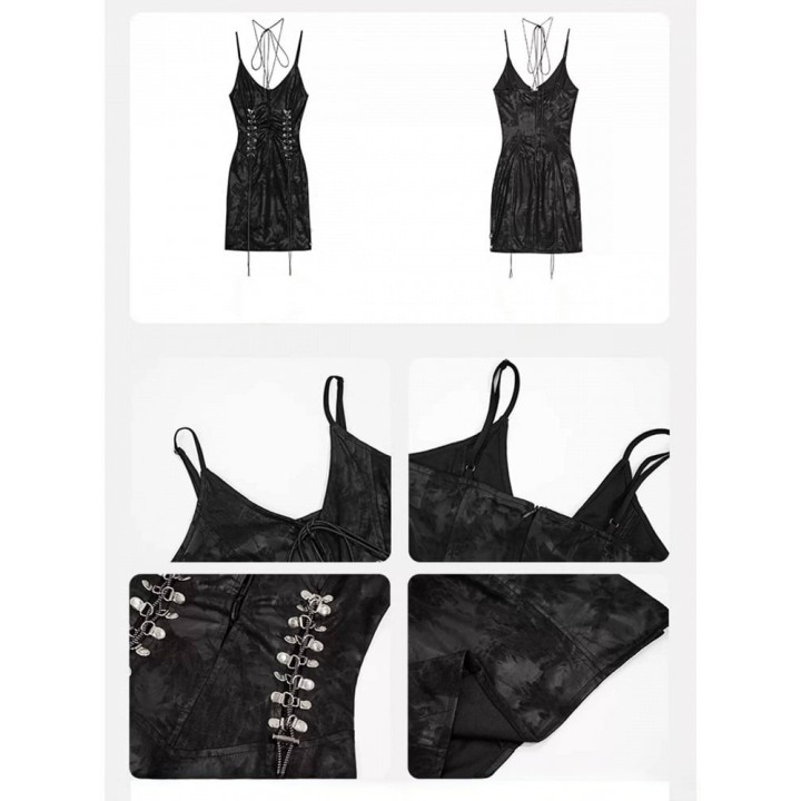 Robe punk noire sans manches, col en V et laçage