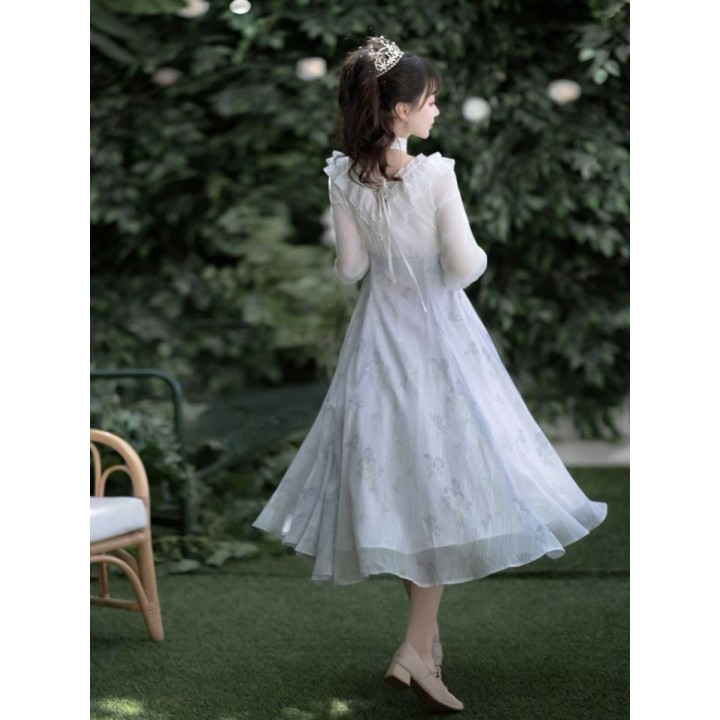 Robe one piece lolita imprimé iris blanc et violet, col licou