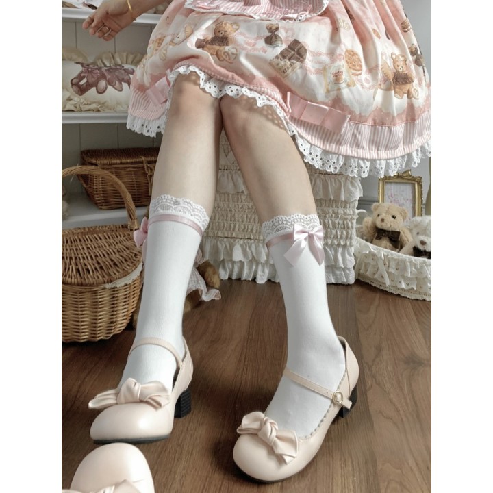 Chaussettes mi-mollet à dentelle et nœud satin