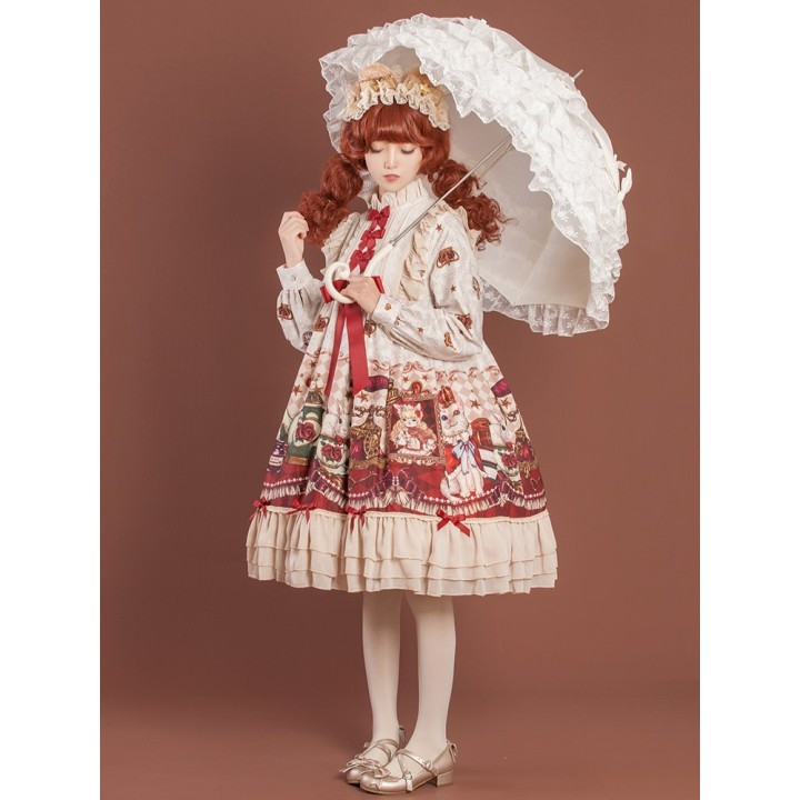 Robe one piece lolita « Crown Bear » à manches longues – Beige