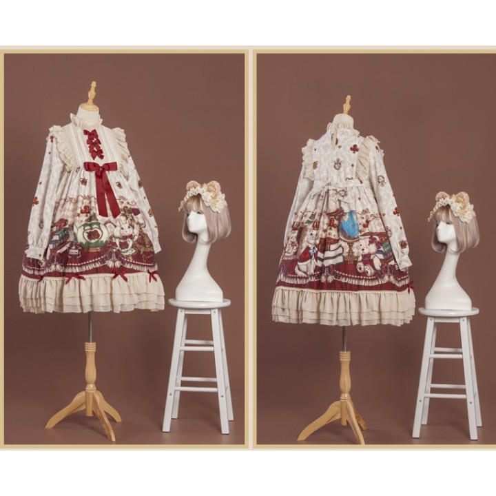 Robe one piece lolita « Crown Bear » à manches longues – Beige