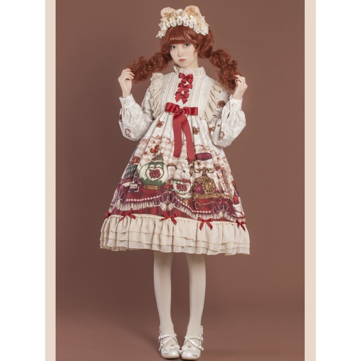 Robe one piece lolita « Crown Bear » à manches longues – Beige