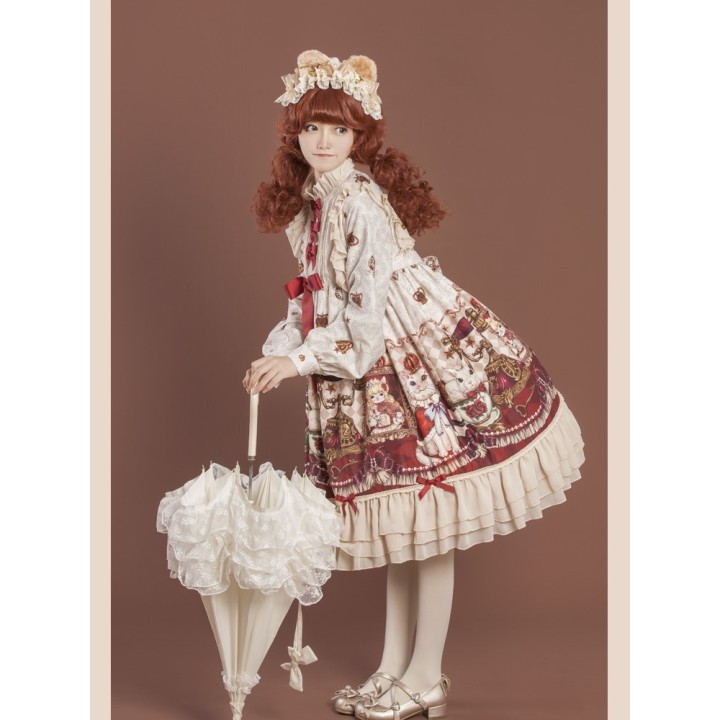 Robe one piece lolita « Crown Bear » à manches longues – Beige