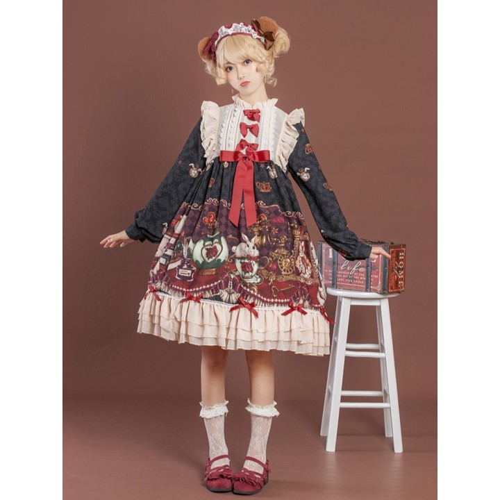 Robe one piece lolita « Crown Bear » à manches longues – Noir