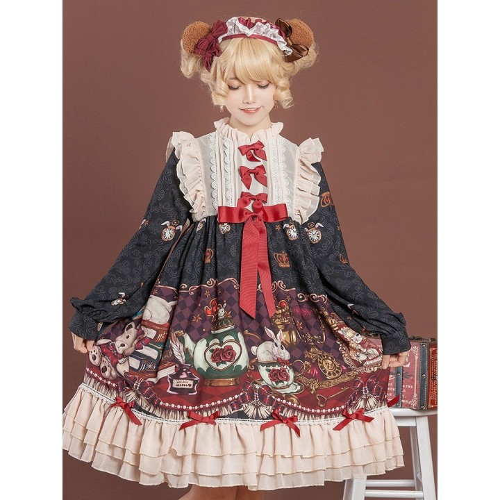 Robe one piece lolita « Crown Bear » à manches longues – Noir