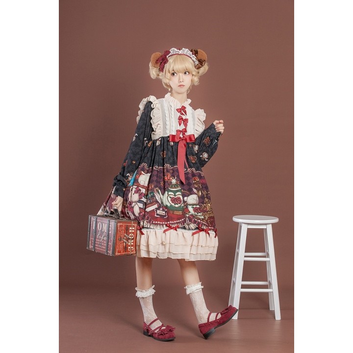 Robe one piece lolita « Crown Bear » à manches longues – Noir