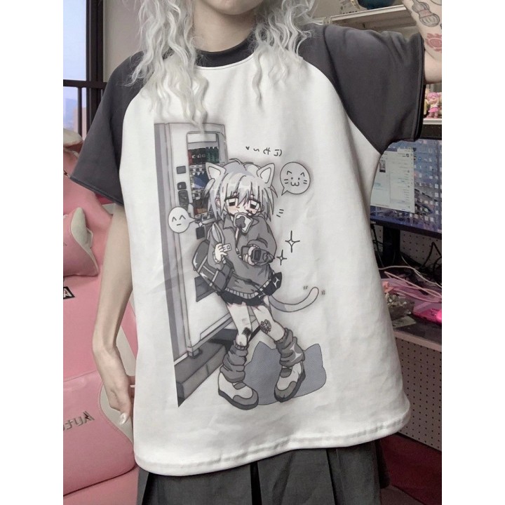 T-shirt Yami Kawaii imprimé chaton, manches amovibles – Gris foncé