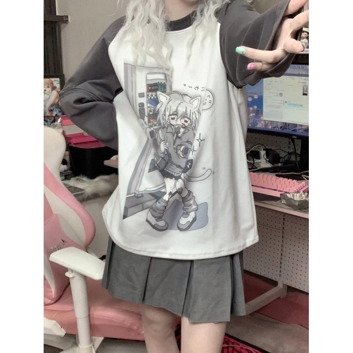 T-shirt Yami Kawaii imprimé chaton, manches amovibles – Gris foncé