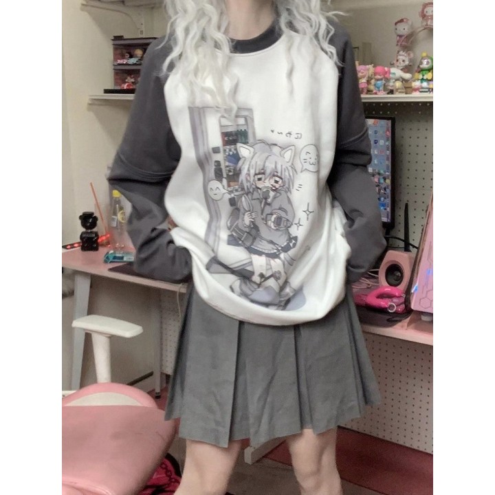 T-shirt Yami Kawaii imprimé chaton, manches amovibles – Gris foncé