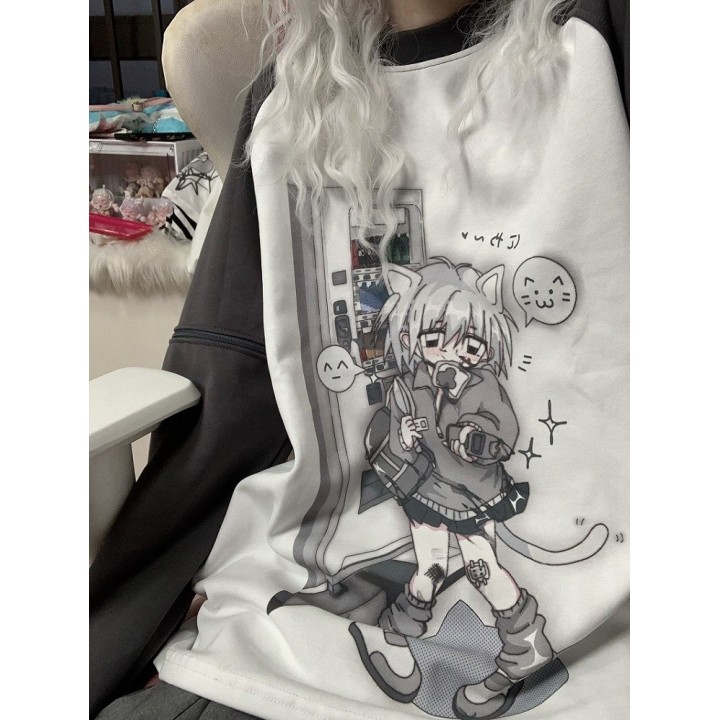 T-shirt Yami Kawaii imprimé chaton, manches amovibles – Gris foncé