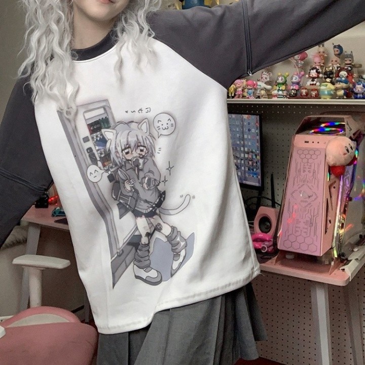 T-shirt Yami Kawaii imprimé chaton, manches amovibles – Gris foncé