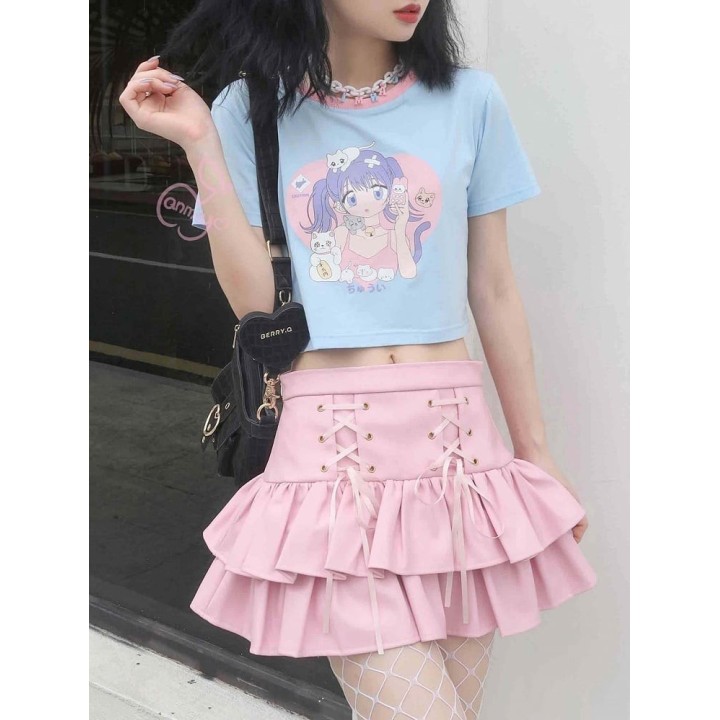 Jupe à volants taille haute – 5 coloris – Rose