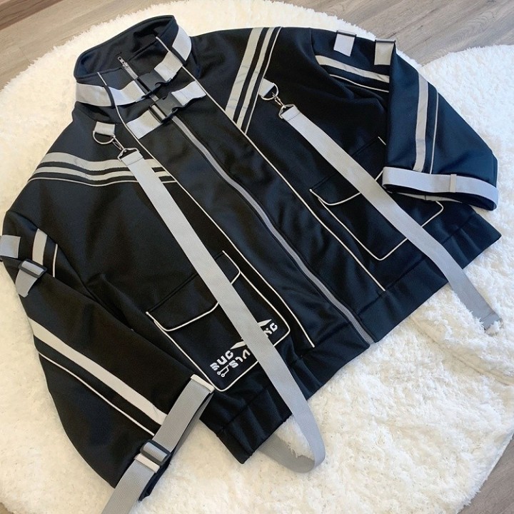 Veste Jirai Kei cyberpunk à sangles et boucles – Noir