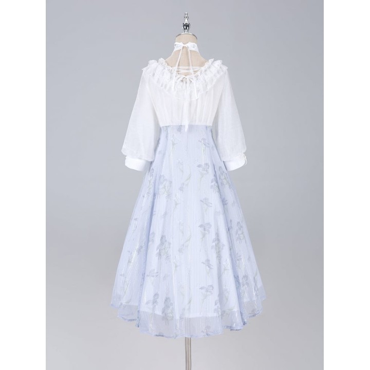 Robe one piece lolita imprimé iris blanc et violet, col licou