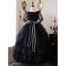 Robe one piece gothique « Princess Appointment » roses noires, épaules dénudées – grandes tailles
