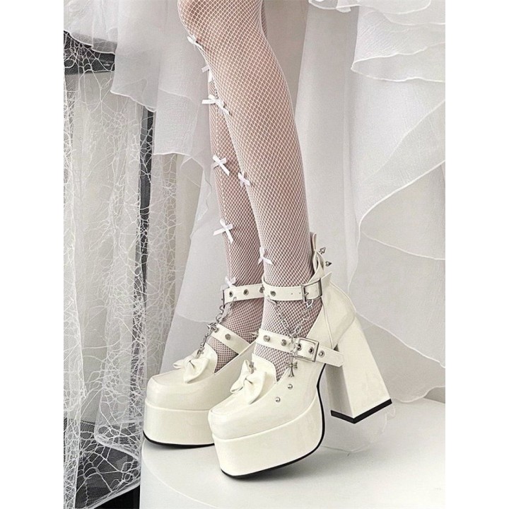 Escarpins plateformes punk goth à clous pointus – Blanc