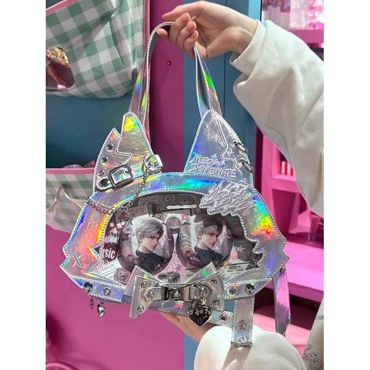 Sac cabas ita oreilles de chat, nœud et clous (porte-cartes offert) – Holographique