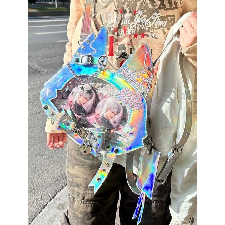 Sac cabas ita oreilles de chat, nœud et clous (porte-cartes offert) – Holographique