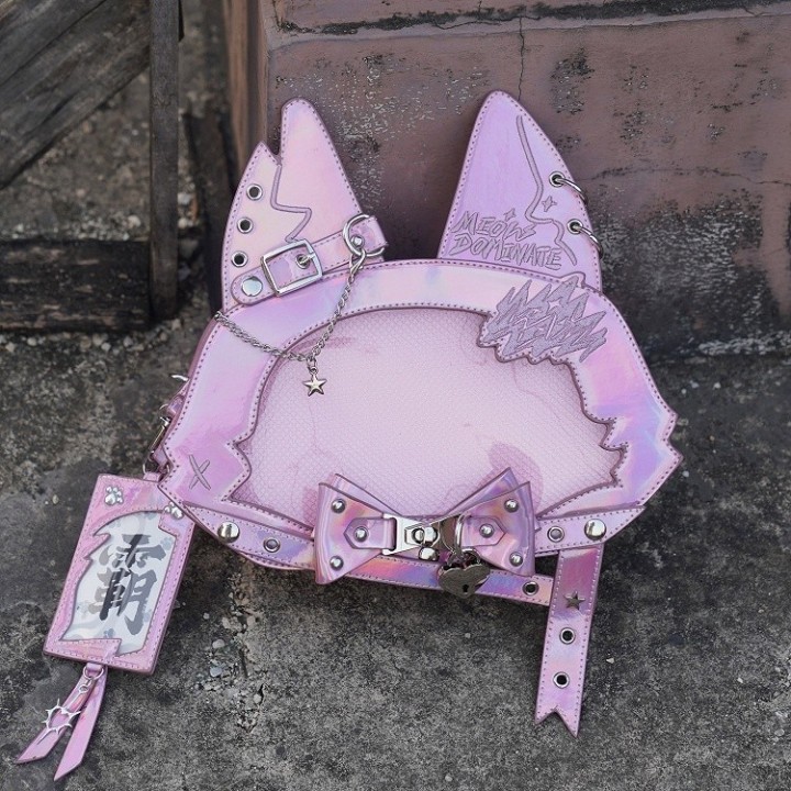 Sac cabas ita oreilles de chat, nœud et clous (porte-cartes offert) – Rose